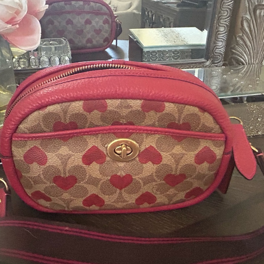 Coach Heart Patterned Red and Tan Crossbody Bag